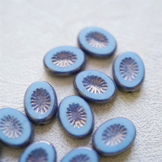 复古金属光泽蓝~奇异纹椭圆捷克珠琉璃玻璃珠 14X10MM