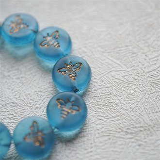 雾面孔雀蓝描玫瑰金~新款可爱蜜蜂扁圆捷克珠琉璃珠玻璃珠 12MM