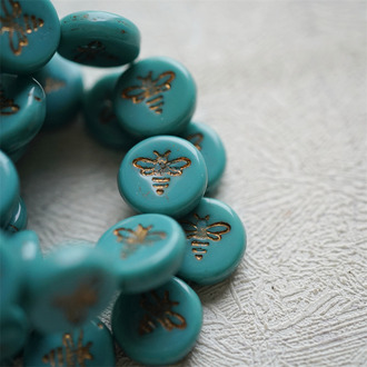 质感松石绿描玫瑰金色~新款可爱蜜蜂扁圆捷克珠琉璃珠玻璃珠 12MM