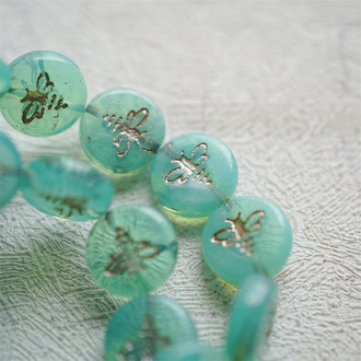 果冻青绿描白金色~新款可爱蜜蜂扁圆捷克珠琉璃珠玻璃珠 12MM