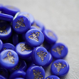 普鲁士蓝渐变描金色~新款可爱蜜蜂扁圆捷克珠琉璃珠玻璃珠 12MM