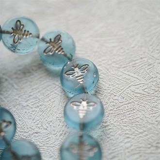 雾面透水蓝描白金色~新款可爱蜜蜂扁圆捷克珠琉璃珠玻璃珠 12MM