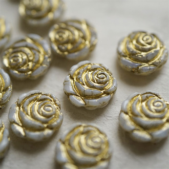 纯白花嫁玫瑰描金色~复古风少女蔷薇玫瑰捷克珠玻璃琉璃 14MM