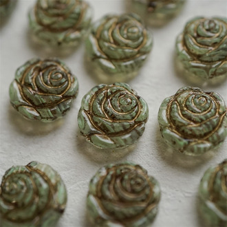 复古透水绿条纹做旧古铜色~复古风少女蔷薇玫瑰捷克珠玻璃琉璃 14MM