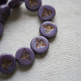 渐变紫色温柔感描玫瑰金色~新款可爱蜜蜂扁圆捷克珠琉璃珠玻璃珠 12MM