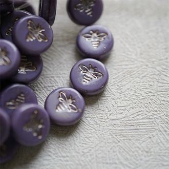 渐变紫色温柔感描复古白金色~新款可爱蜜蜂扁圆捷克珠琉璃珠玻璃珠 12MM