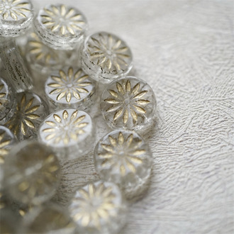 透明水晶白描金色~扁圆放射小花小雏菊浮雕捷克珠玻璃琉璃珠 12MM