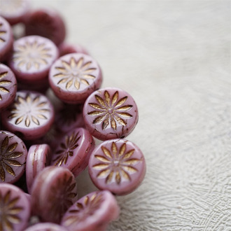 复古樱花粉描古铜色~扁圆放射小花小雏菊浮雕捷克珠玻璃琉璃珠 12MM