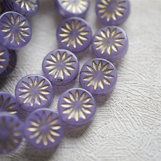 果冻紫色描金~扁圆放射小花小雏菊浮雕捷克珠玻璃琉璃珠 12MM