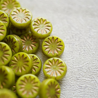 复古芥末绿描玫瑰金色~扁圆放射小花小雏菊浮雕捷克珠玻璃琉璃珠 12MM