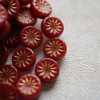 复古红色描玫瑰金~扁圆放射小花小雏菊浮雕捷克珠玻璃琉璃珠 12MM