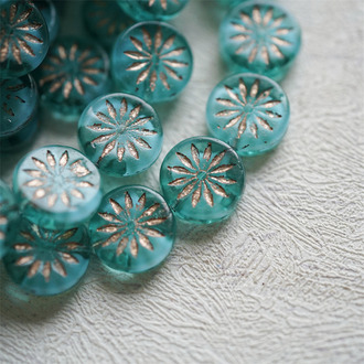 夹心青蓝绿白描玫瑰金色~扁圆放射小花小雏菊浮雕捷克珠玻璃琉璃珠 12MM