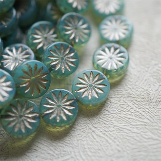 蛋白蓝绿色描白金色~扁圆放射小花小雏菊浮雕捷克珠玻璃琉璃珠 12MM
