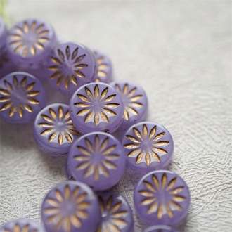 果冻紫色描玫瑰金~扁圆放射小花小雏菊浮雕捷克珠玻璃琉璃珠 12MM