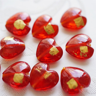 超正宝石红~鼓鼓可爱金箔桃心立体爱心珠日本进口中古古董灯工玻璃琉璃珠 约20MM