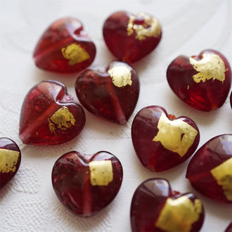 透感玫瑰紫粉色~鼓鼓可爱金箔桃心立体爱心珠日本进口中古古董灯工玻璃琉璃珠 约20MM