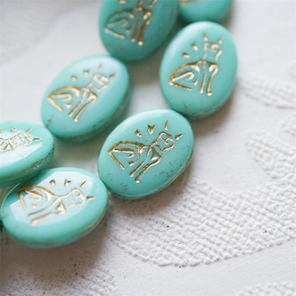 经典松石绿描金色~复古埃及猫椭圆扁珠捷克珠玻璃琉璃珠 16X12MM