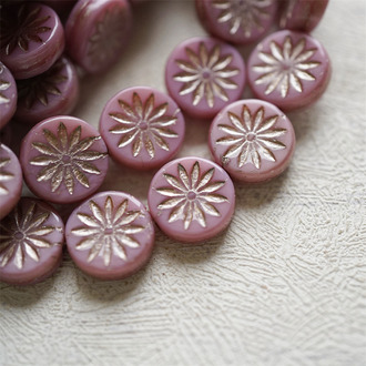 可爱少女粉描白金色~扁圆放射小花小雏菊浮雕捷克珠玻璃琉璃珠 12MM