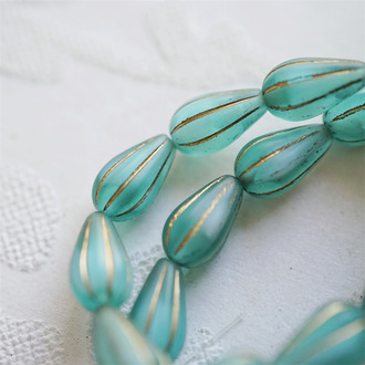 雾面青绿白夹心描金色~水滴南瓜珠捷克玻璃琉璃 13X8MM