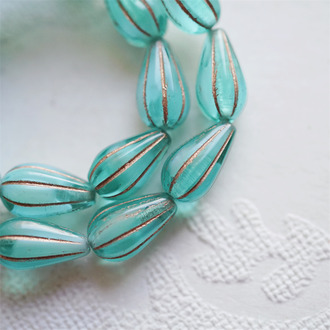 青绿白夹心描玫瑰金色~水滴南瓜珠捷克玻璃琉璃 13X8MM