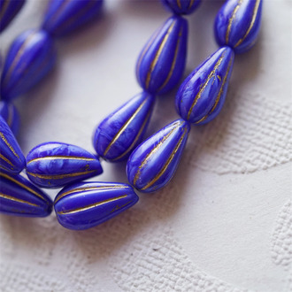 丝绸蓝描金~水滴南瓜珠捷克玻璃琉璃 13X8MM