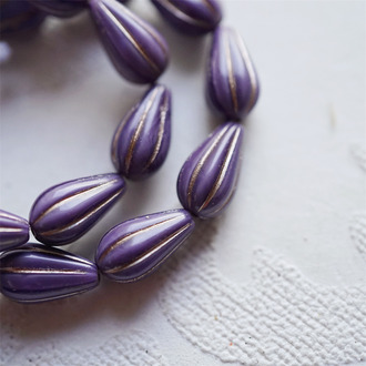 奶油丝绸紫渐变描白金色~水滴南瓜珠捷克玻璃琉璃 13X8MM