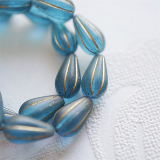 雾面深孔雀蓝描金~水滴南瓜珠捷克玻璃琉璃 13X8MM