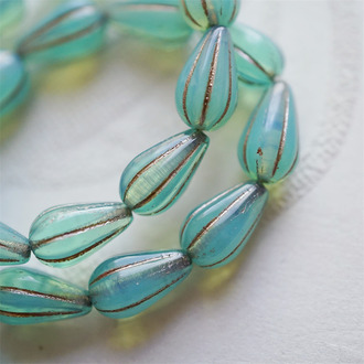 果冻蛋白蓝绿描白金色~水滴南瓜珠捷克玻璃琉璃 13X8MM