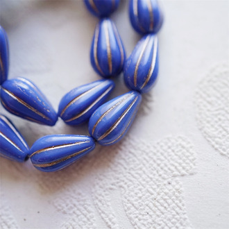 普鲁士蓝描白金色~水滴南瓜珠捷克玻璃琉璃 13X8MM