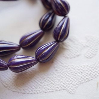 复古深紫描白金色~水滴南瓜珠捷克玻璃琉璃 13X8MM