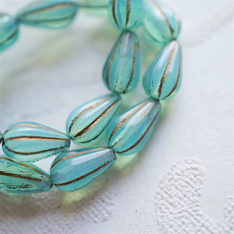 果冻蛋白青绿描古铜金色~水滴南瓜珠捷克玻璃琉璃 13X8MM