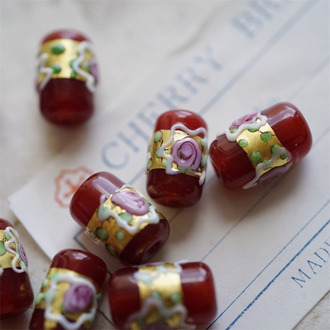 复古深红底色~奶油婚礼蛋糕小圆柱日本进口中古古董灯工玻璃琉璃珠 尺寸约10X16MM