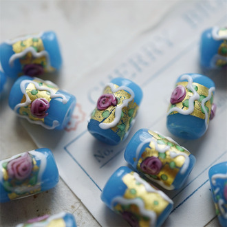 温润蓝底色~奶油婚礼蛋糕小圆柱日本进口中古古董灯工玻璃琉璃珠 尺寸约10X16MM