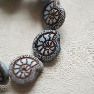 浅灰蓝描古铜金色mix~海洋生物贝壳鹦鹉螺化石捷克珠玻璃琉璃珠 18X16MM