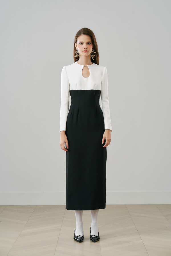 黑白拼接连衣长裙