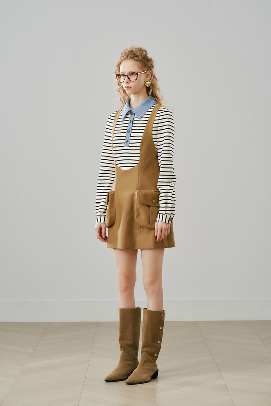 假两件背带立体口袋连衣裙