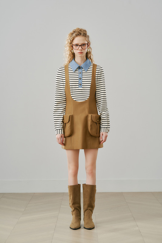 假两件背带立体口袋连衣裙