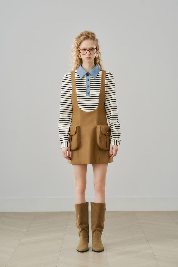 假两件背带立体口袋连衣裙