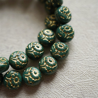 纯色质感丛林绿描金~超精致绝美双面古风花朵捷克珠玻璃琉璃 10MM