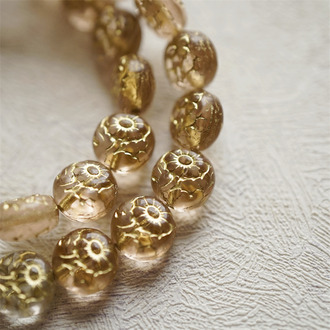 透感浅粉色描金~超精致绝美双面古风花朵捷克珠玻璃琉璃 10MM