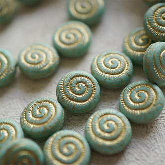 质感松石绿描金~扁圆化石螺旋形直孔珠捷克珠玻璃珠琉璃珠 14mm