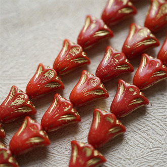 复古正红描金色~百合郁金香捷克珠玻璃琉璃珠 10X10MM