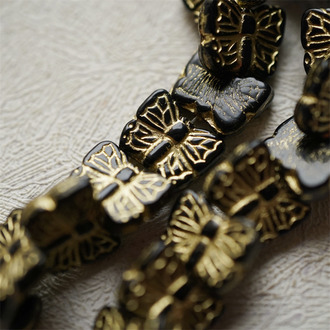 经典黑色描金~浮雕单面古董蝴蝶直孔珠捷克珠玻璃琉璃珠 13X10MM