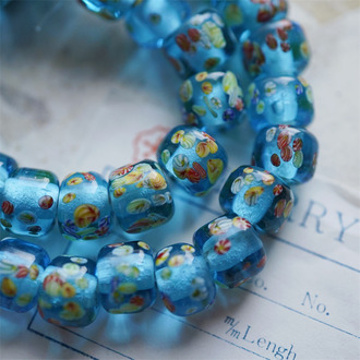 透蓝经典千花琉璃花纹~小圆柱甜甜圈稀有手造造型日本进口中古古董灯工玻璃琉璃珠 约10X8MM