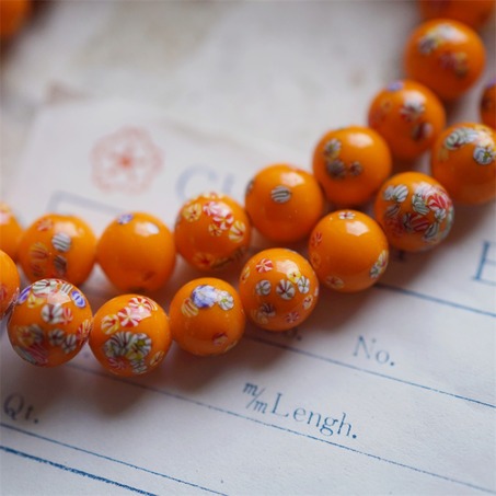纯色橘经典千花花纹手造绝美圆珠~日本进口中古古董灯工玻璃琉璃珠-1