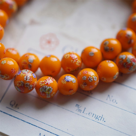 纯色橘经典千花花纹手造绝美圆珠~日本进口中古古董灯工玻璃琉璃珠-3