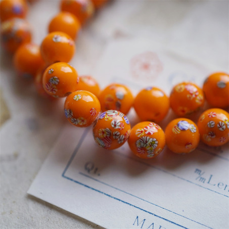 纯色橘经典千花花纹手造绝美圆珠~日本进口中古古董灯工玻璃琉璃珠