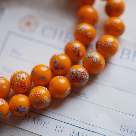 纯色橘经典千花花纹手造绝美圆珠~日本进口中古古董灯工玻璃琉璃珠-5