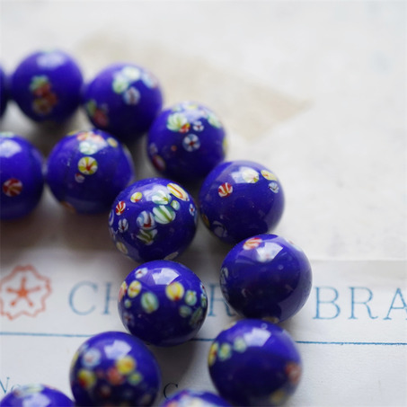 纯色宝蓝经典千花花纹手造绝美圆珠~日本进口中古古董灯工玻璃琉璃珠