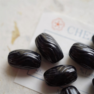 复古纯黑色~手造波浪条纹椭圆日本进口中古古董灯工玻璃琉璃珠 约18X11MM